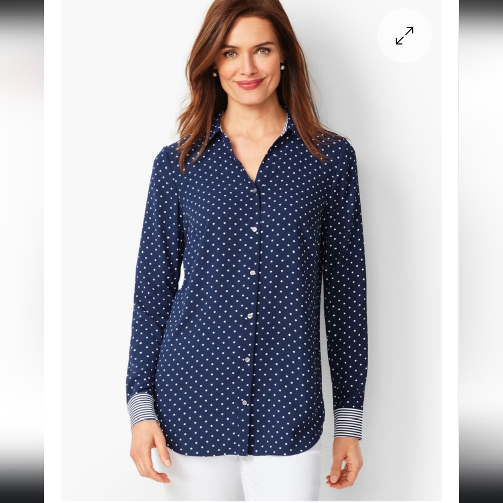 Talbot's Navy Blue Polka Dot Button-Front Blouse (L)
